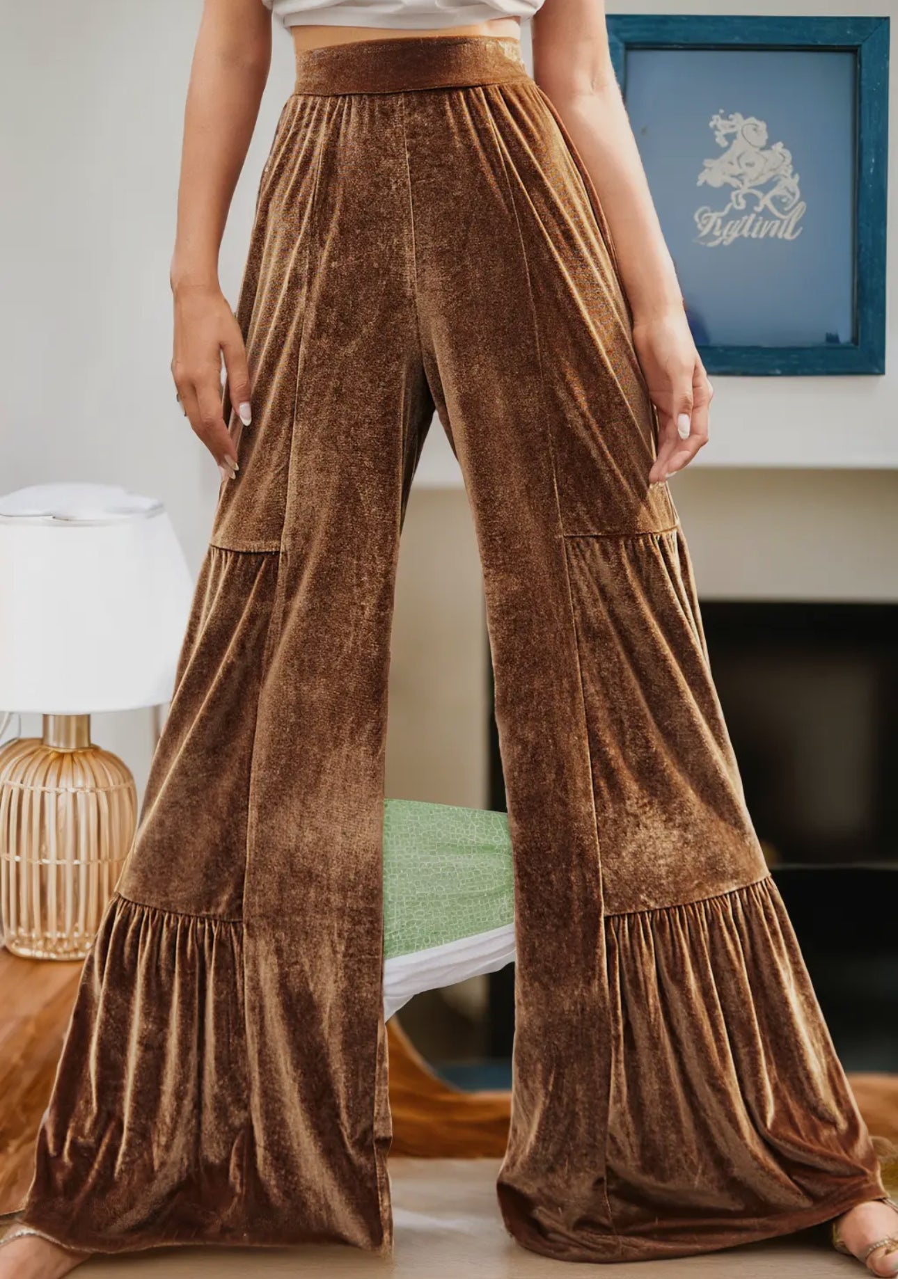 CHESTNUT RUFFLED HEM WIDE LEG VELVET PANTS