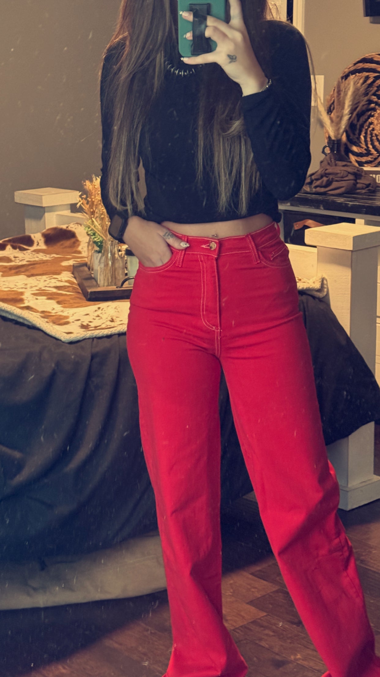 CHERRY STRAIGHT LEG HIGH WAISTED DENIM JEANS