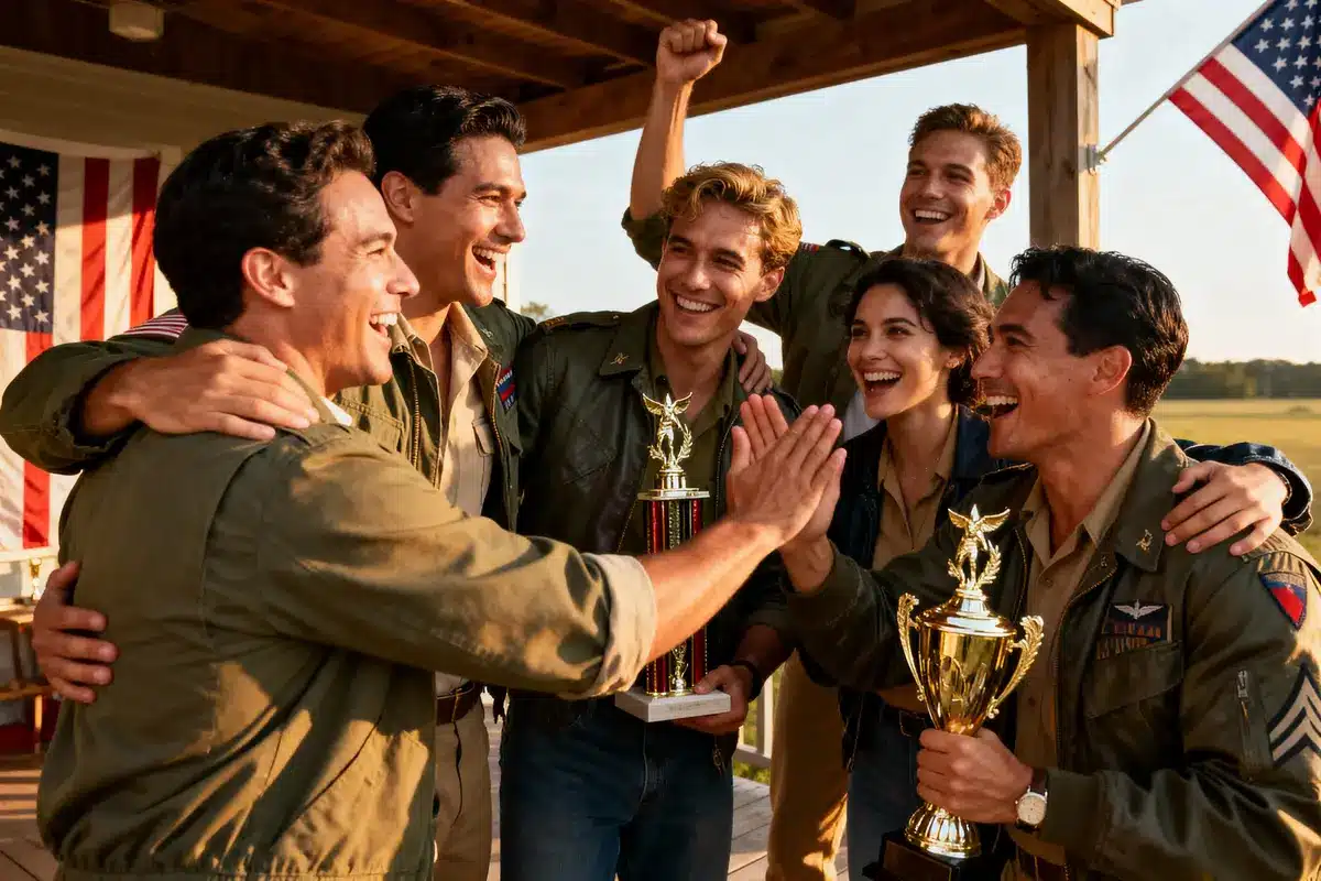 Group wearing military uniforms celebrates with trophies in front of an American flag, showing excitement and camaraderie.