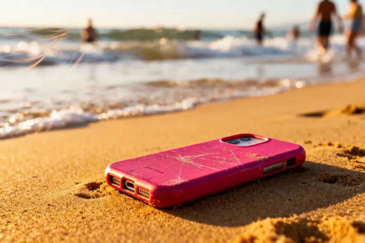 Red smartphone with a scratched case on sandy beach, ocean waves and people in the background.
