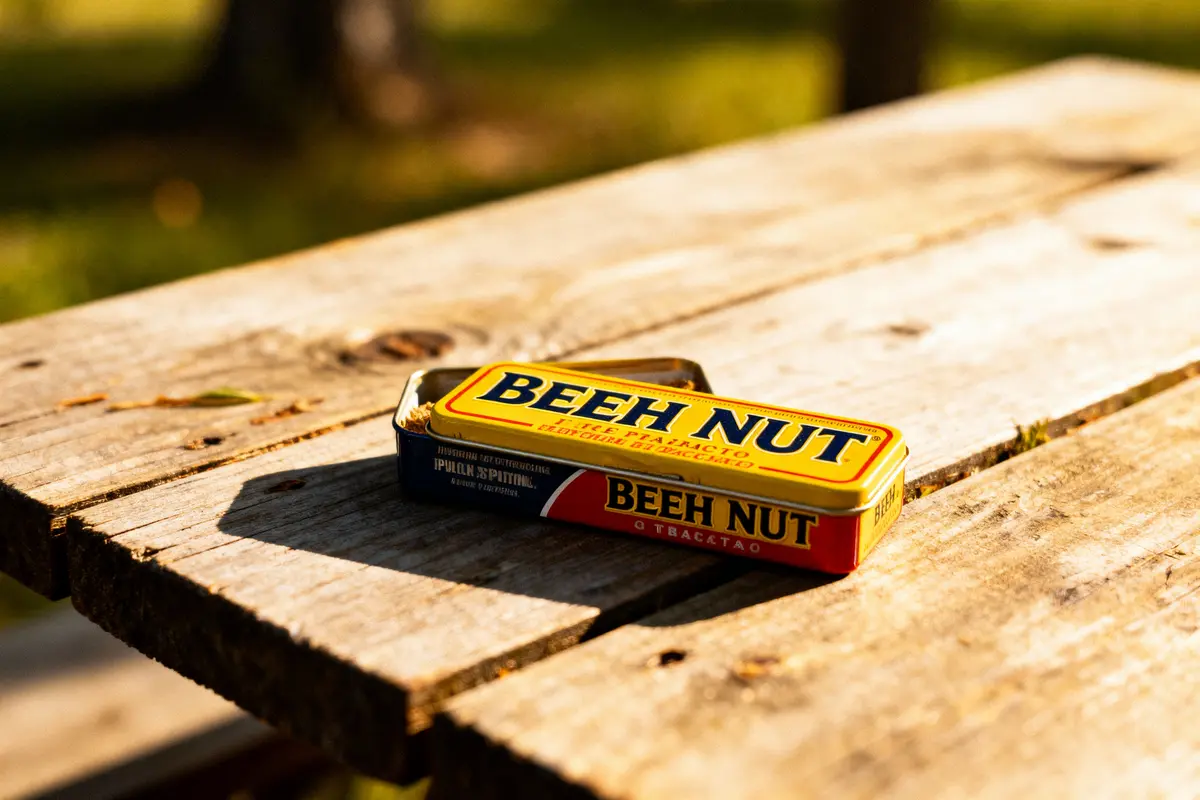 Beeh Nut chewing tobacco tin on a rustic wooden table in sunlight with blurred green background.