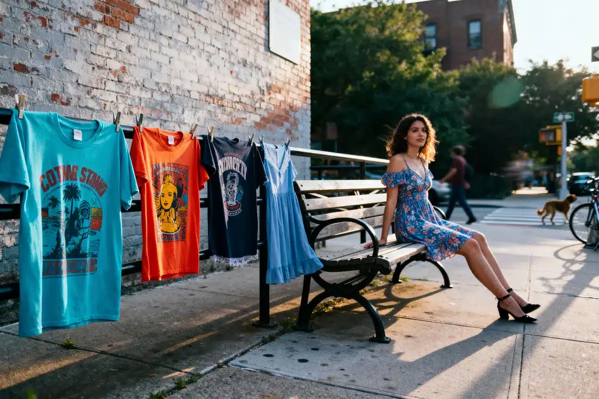 Woman sitting on bench next to shirts line, sunny urban setting with trees and dog in background.
