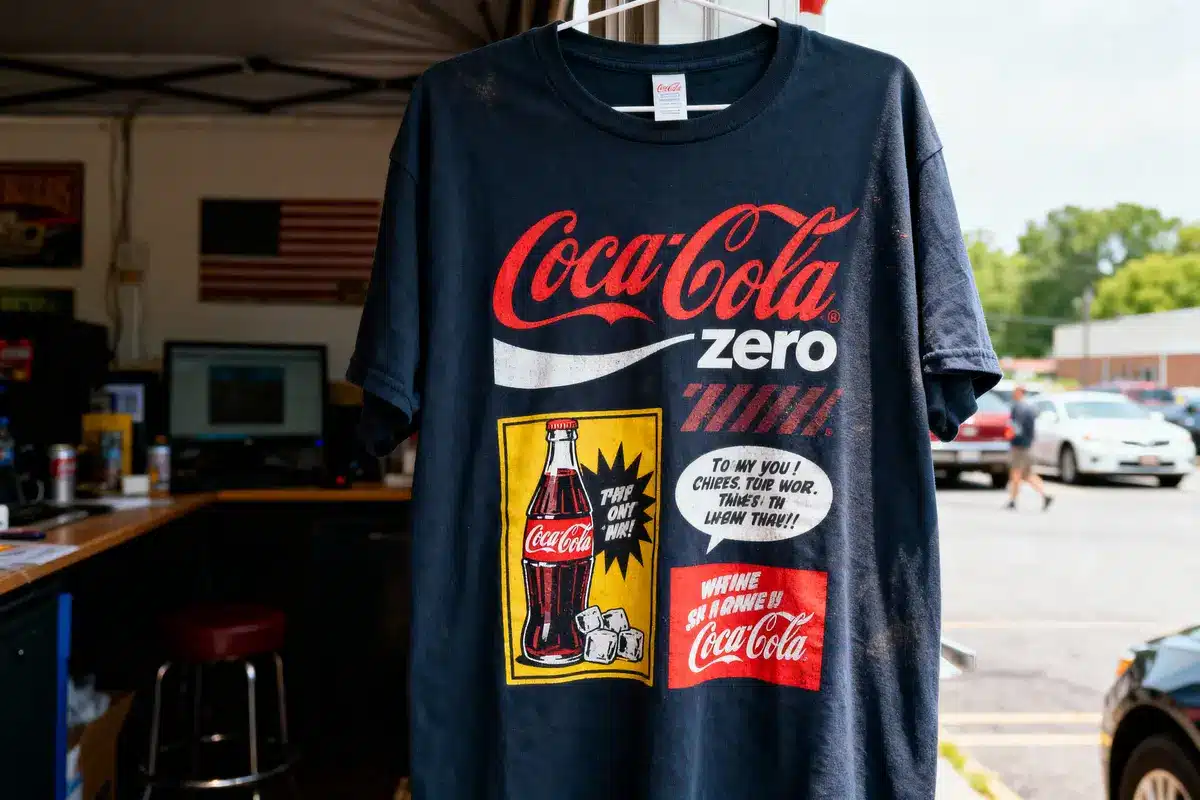 Navy blue T-shirt featuring vintage Coca-Cola Zero design with bottle illustration, inside a garage with American flag.