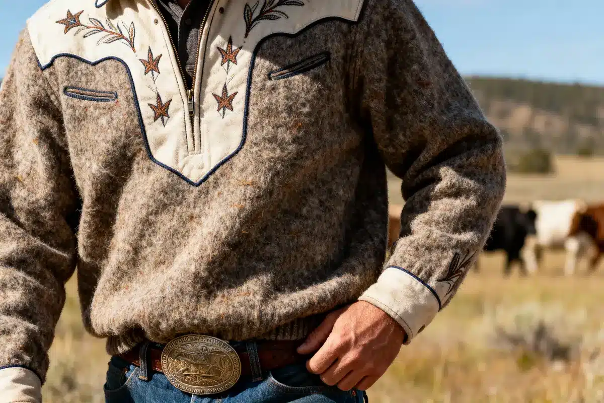 Man in embroidered western-style sweater and belt, standing in a field with cows in the background.