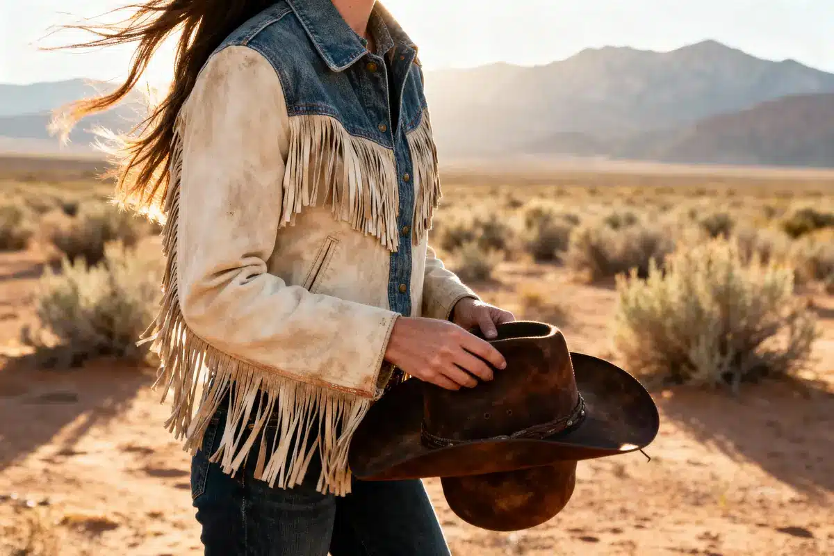 Person wearing fringed jacket holding cowboy hat in desert landscape with mountains in the background.