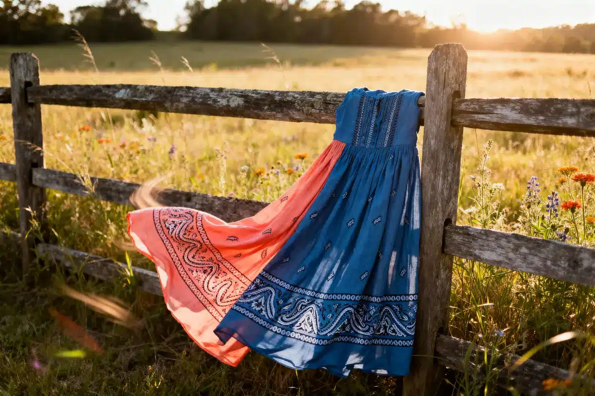 A colorful dress draped over a rustic fence in a sunlit, flower-filled meadow during sunset.