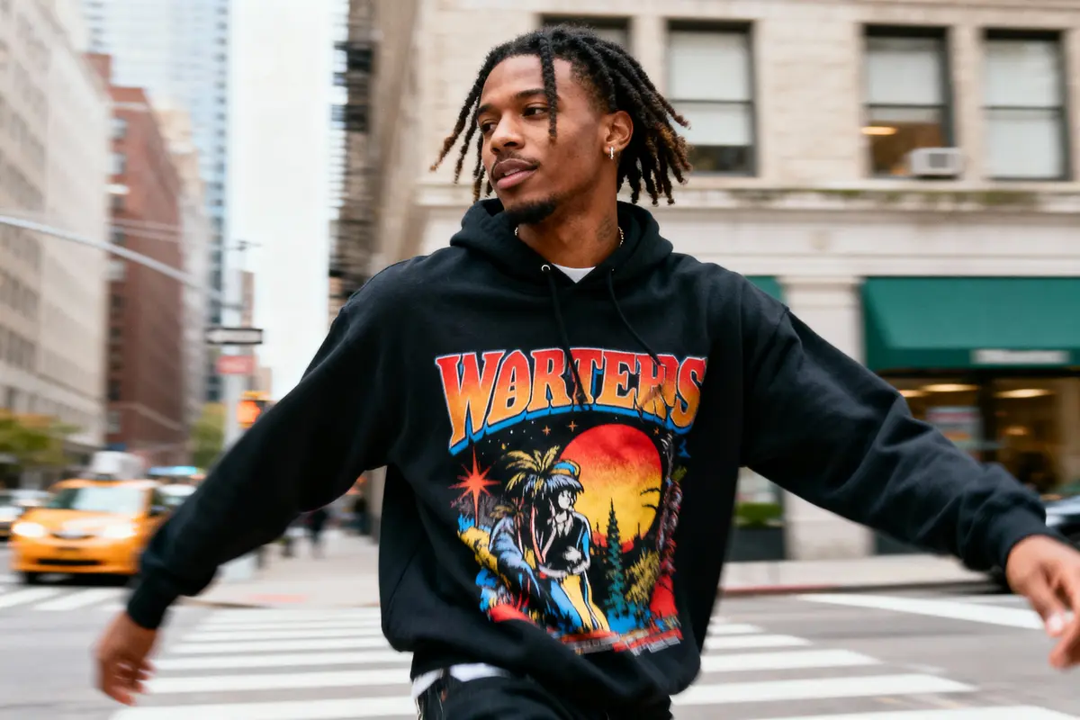 Person in a “Wørters” graphic hoodie crossing city street, yellow taxi blurred in background.
