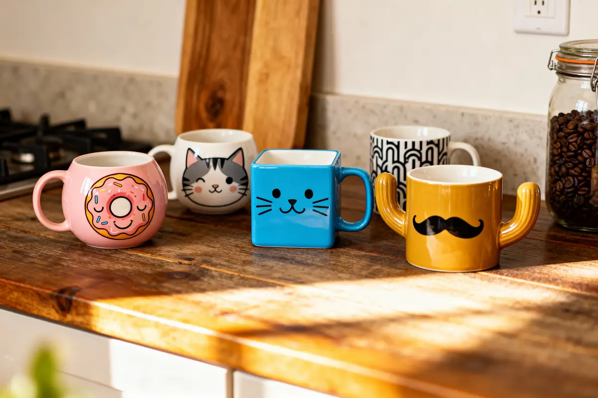 Five colorful mugs with playful designs on a wooden kitchen counter with sunlight.