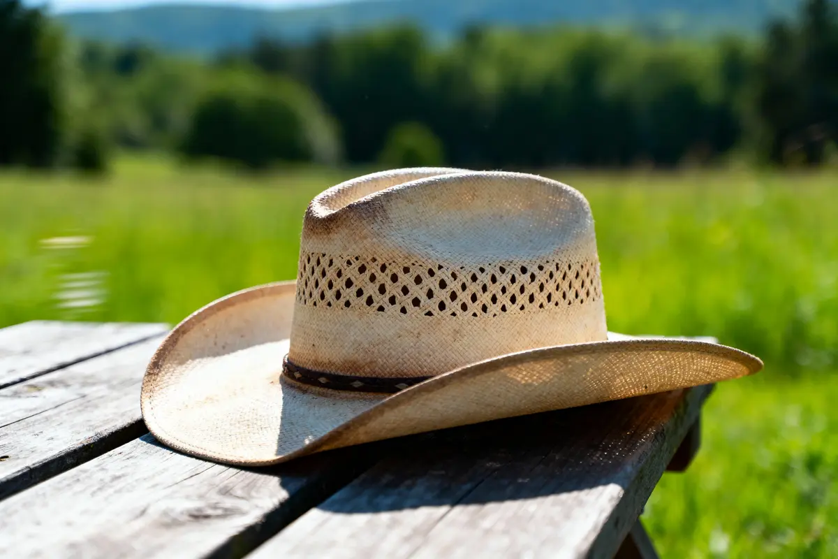 A straw cowboy hat on wooden table in front of a green meadow and blurred forest background.