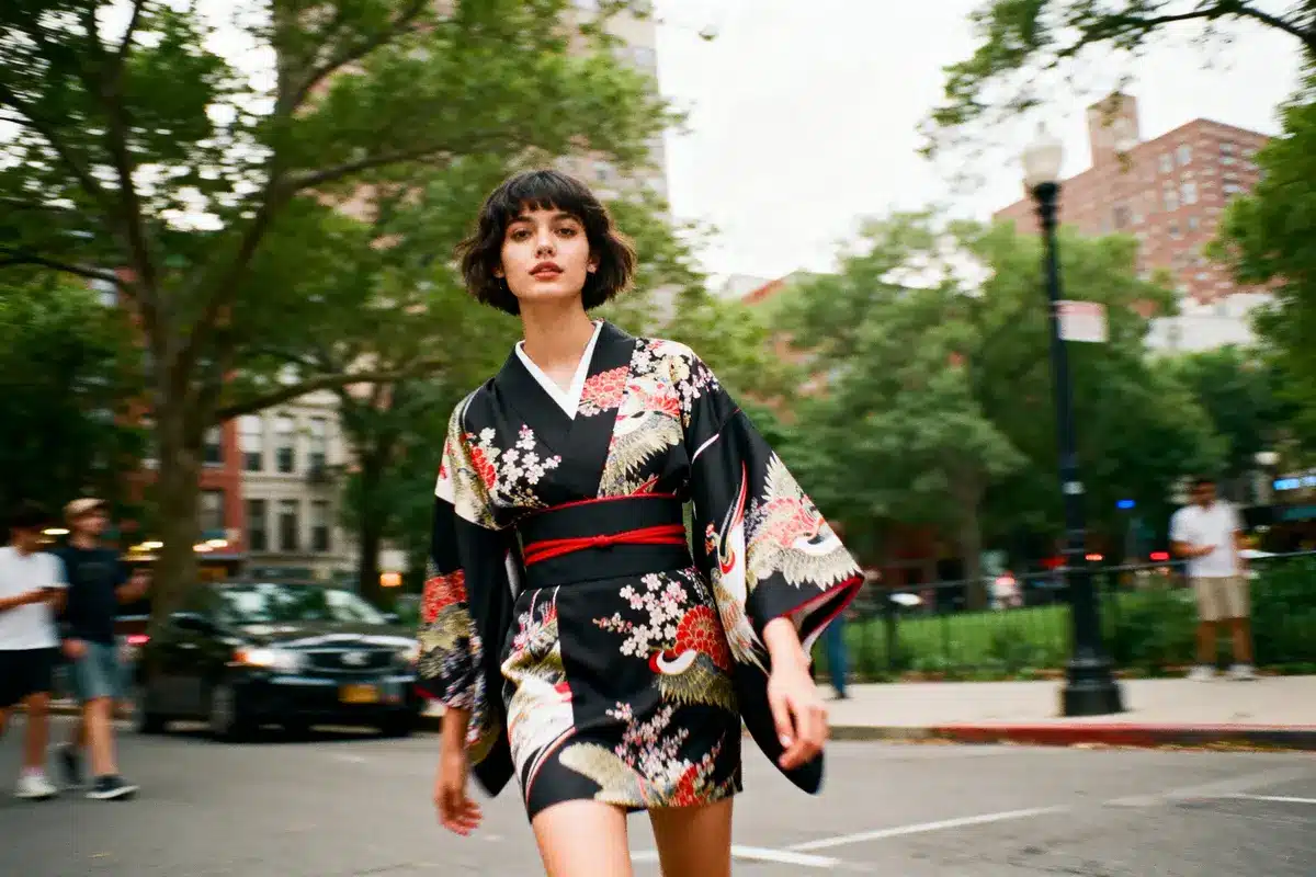 Person in floral kimono walking confidently on city street, surrounded by trees and buildings in the background.