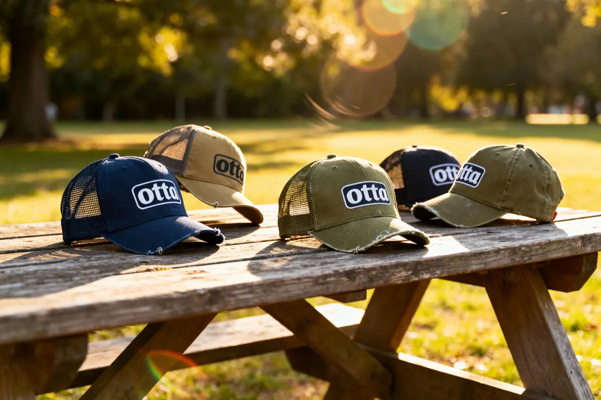 Five "otto" branded baseball caps on a wooden picnic table in a sunny park setting.