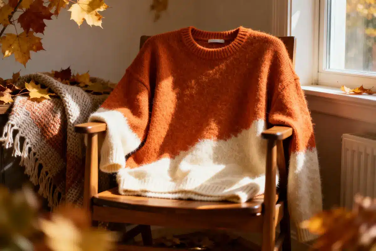 Cozy orange and cream sweater on chair surrounded by autumn leaves and sunlight by the window.
