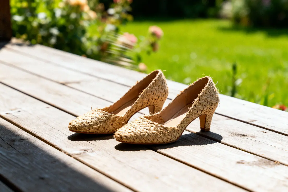 Woven straw high heels on wooden deck, green garden background, sunny day.