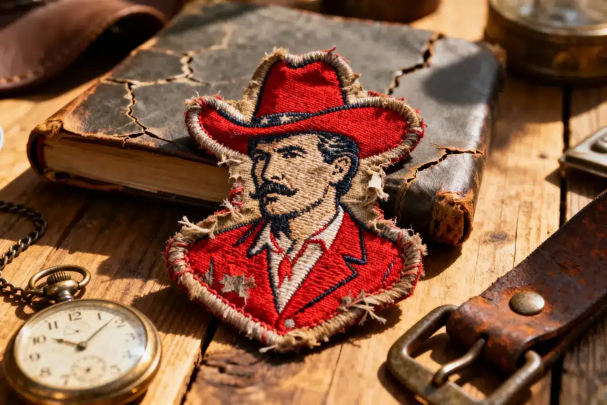 Worn embroidered cowboy patch on rustic wooden table, surrounded by cracked leather book, pocket watch, leather belt.