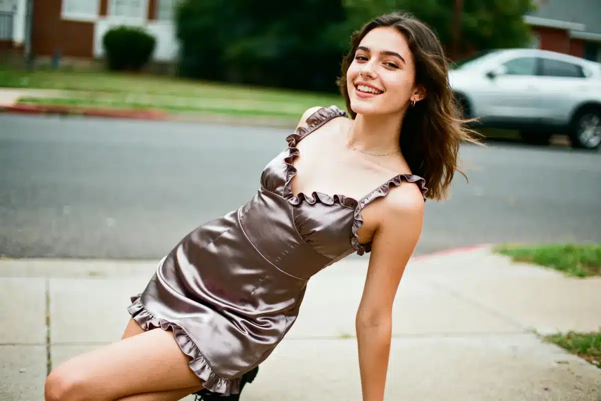 Smiling woman in ruffled satin dress poses outdoors on sidewalk with blurred car and house background.