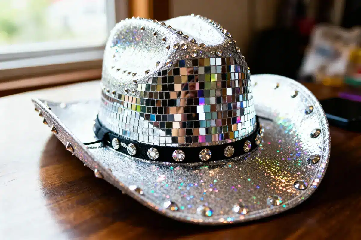 Shiny cowboy hat covered in silver glitter and mirrored tiles with studded embellishments on table.