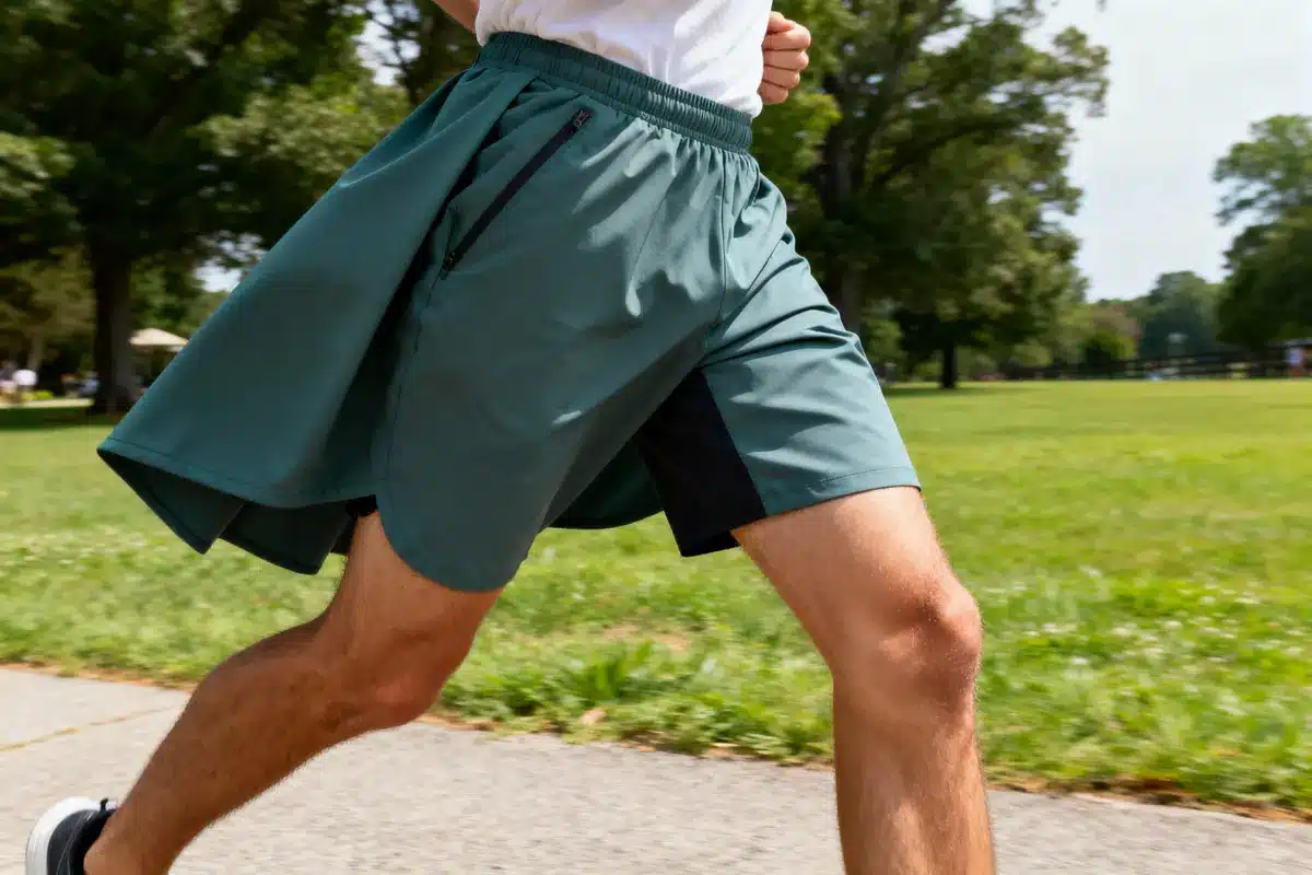 Man running in park, wearing green shorts and white shirt, surrounded by grass and trees on a sunny day.