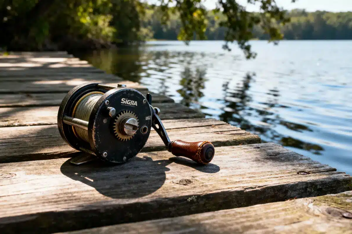 Vintage fishing reel on wooden dock beside a lake with trees in the background, under sunny sky.