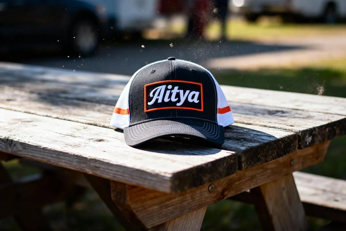 A cap with "Aitya" logo on wooden picnic table, sunny outdoor background.