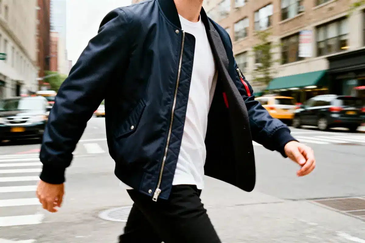 Man walking on city street, wearing a navy jacket and white shirt, with traffic and buildings in background.