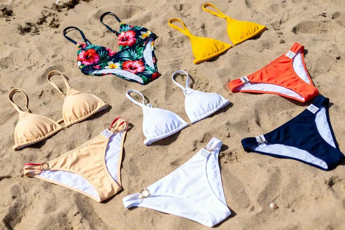 Assorted bikinis in various colors and patterns displayed on sandy beach background, highlighting summer swimwear options.