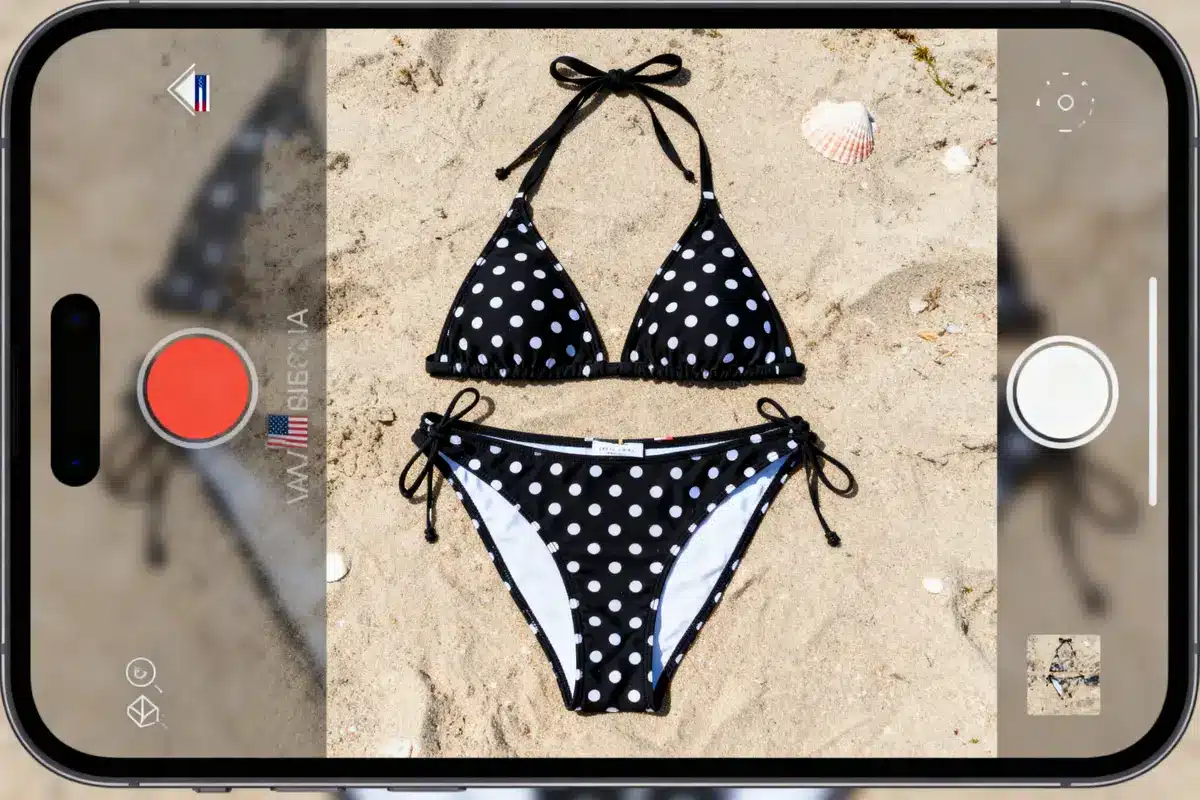 Black and white polka dot bikini on sand, captured through smartphone screen display.