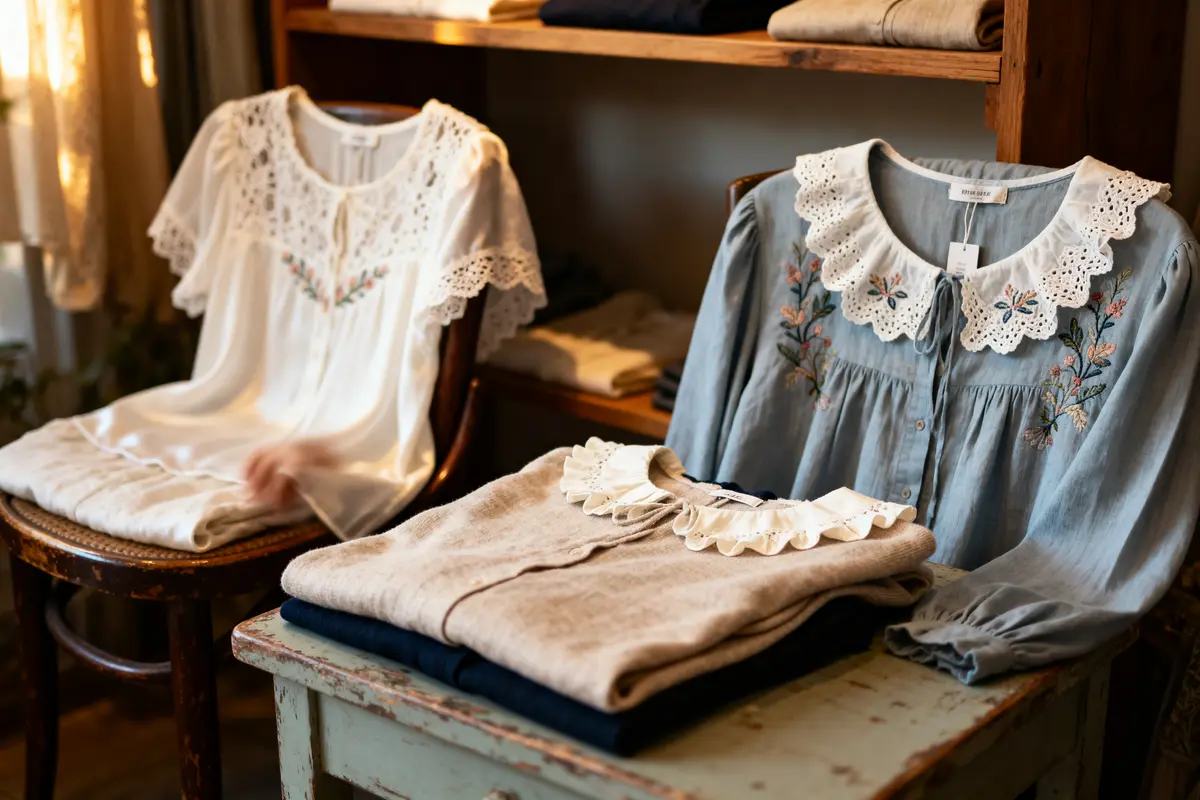 Vintage blouses with lace collars and embroidery displayed on chair and table in cozy, warmly lit boutique.
