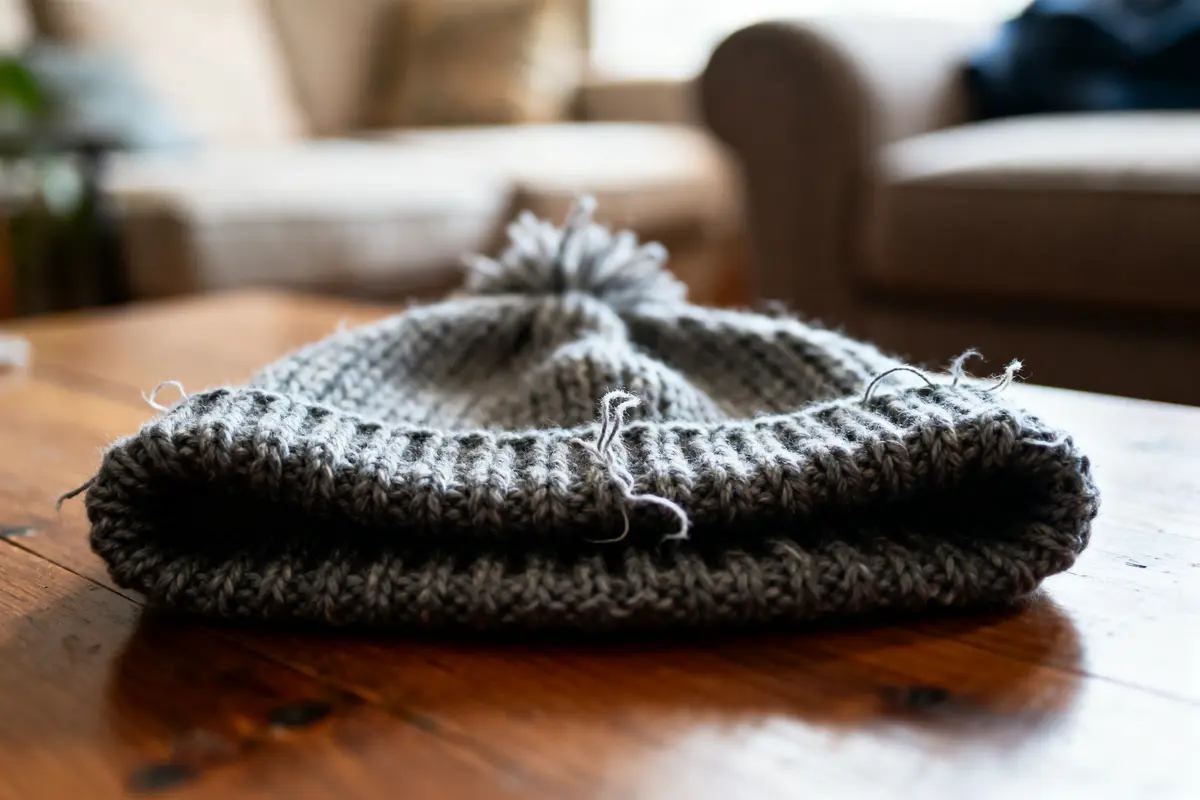 Gray knitted beanie with pom-pom on wooden table in a cozy room, blurred background.