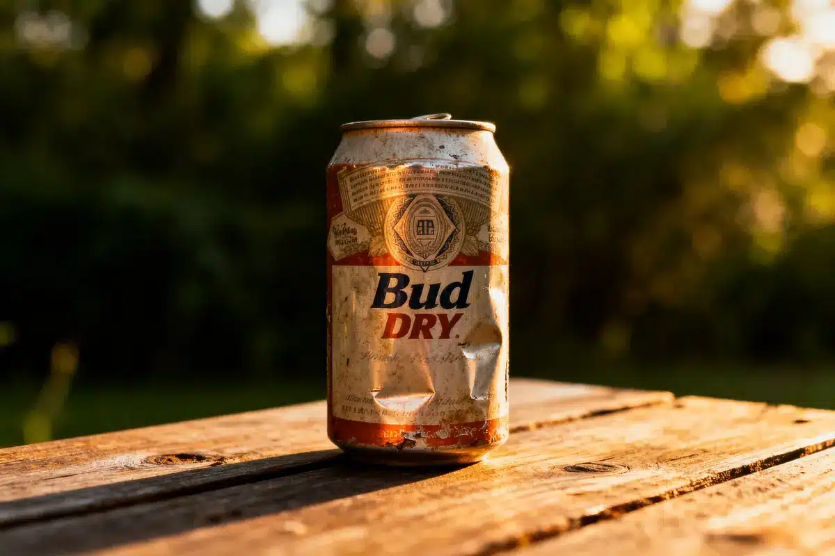 A worn Bud Dry beer can on a wooden table, outdoors, with blurred greenery in the background.