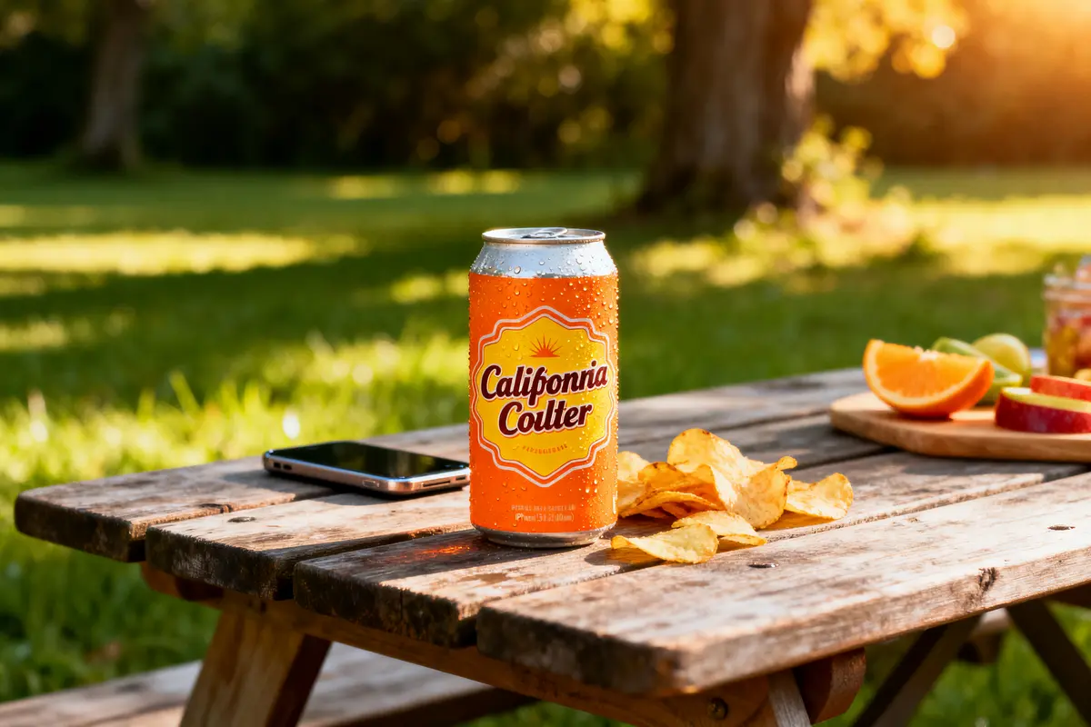 Orange soda can, chips, smartphone on picnic table with fruit platter, sunny park background.