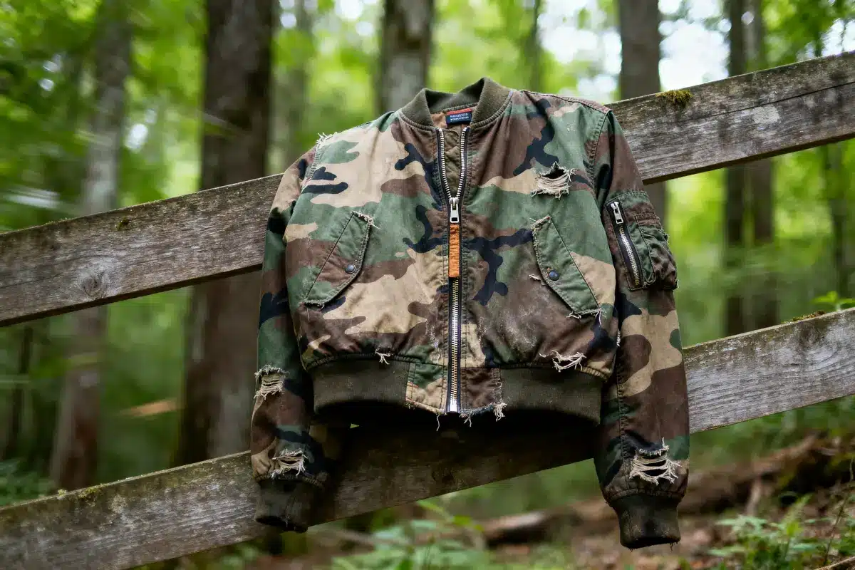Weathered camouflage jacket hanging on a wooden fence in a forest setting, surrounded by greenery.
