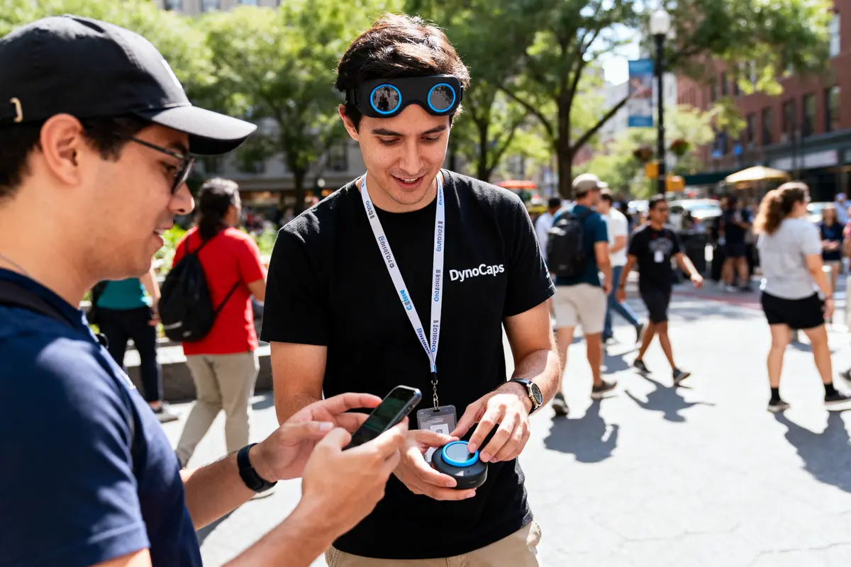 Two people interacting with a technical gadget outdoors, surrounded by a busy crowd on a sunny day.