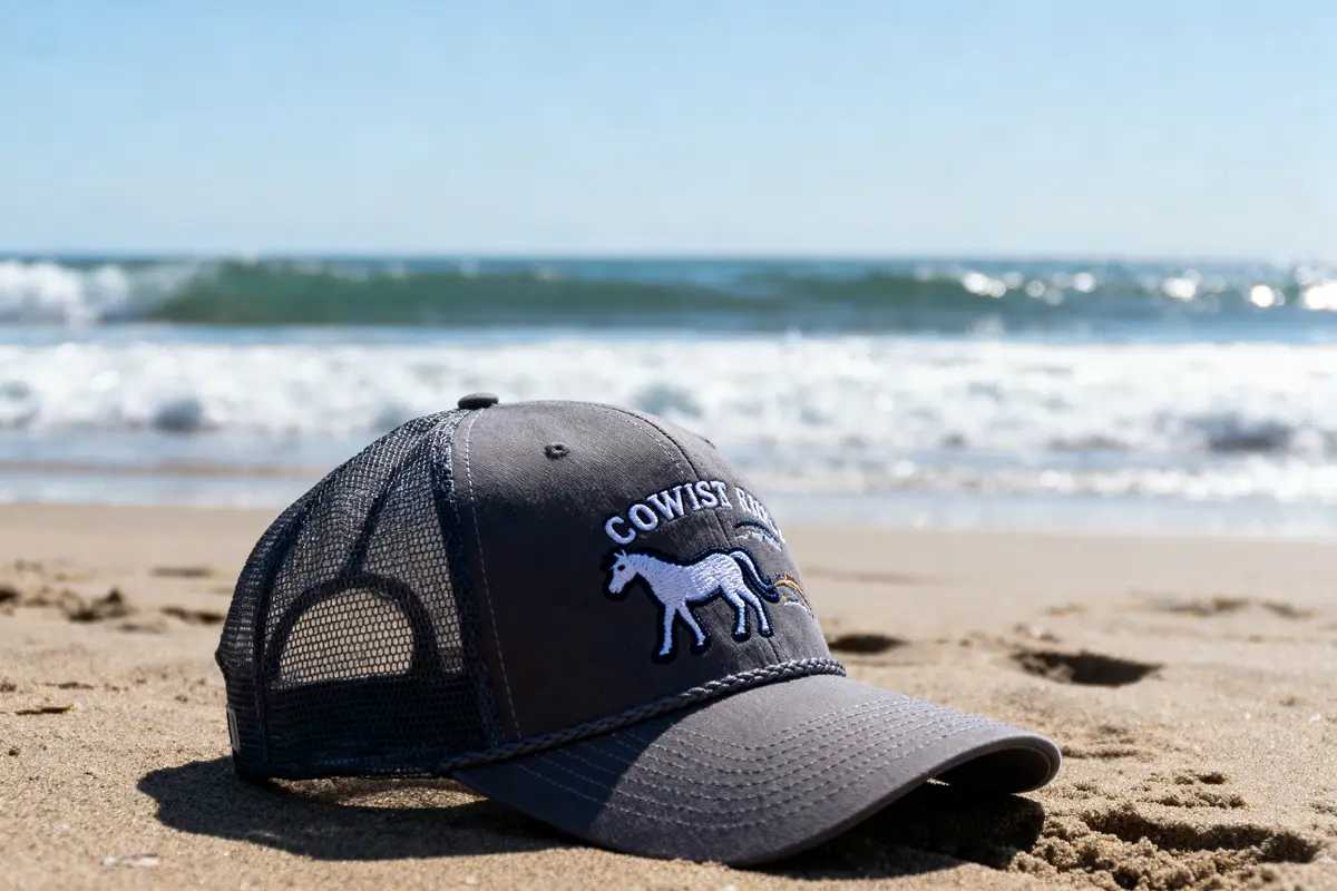 A blue cap with "COWIST RANCH" and horse, placed on sandy beach with ocean waves in background.