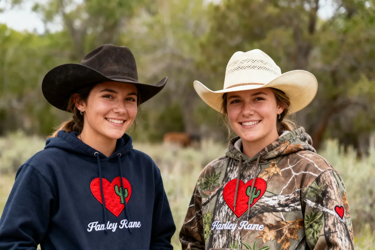 Two people wearing cowboy hats and sweatshirts with heart designs smile outdoors, with trees in the background.