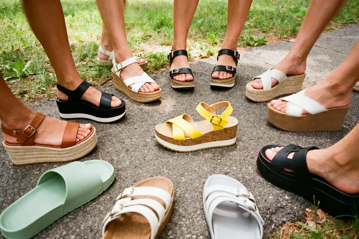 People wearing colorful wedge sandals standing in a circle on a path, with grass in the background.
