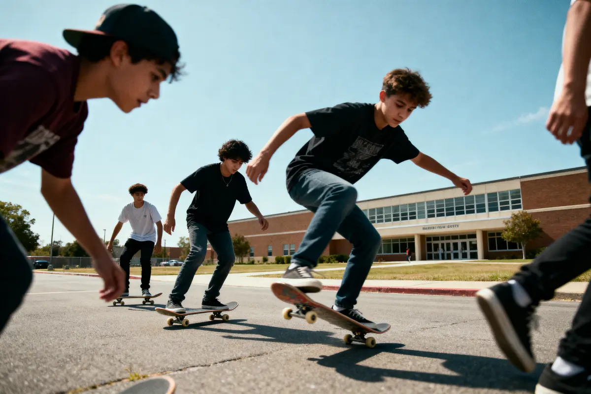 Teenagers skateboarding on a sunny day in front of a school building, performing tricks and enjoying the outdoors.
