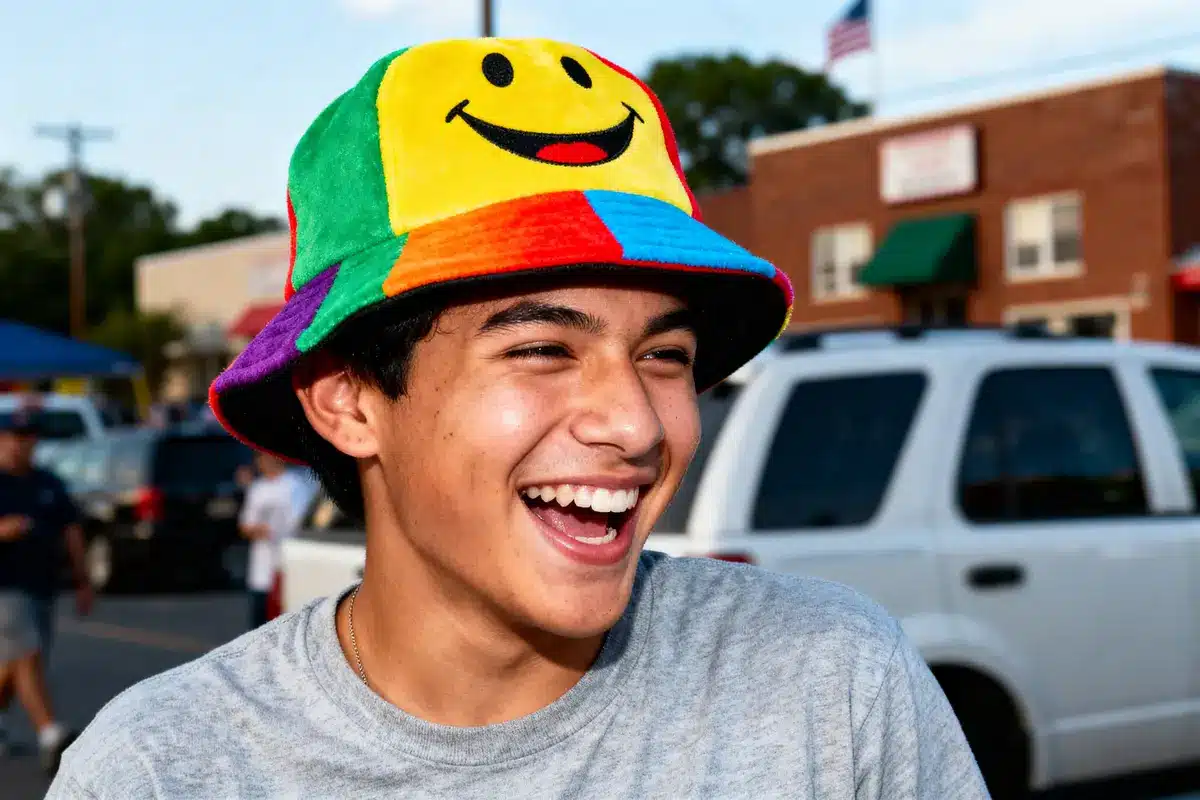 Young person laughing, wearing colorful hat with smiley face, standing outdoors near a white car and brick building.