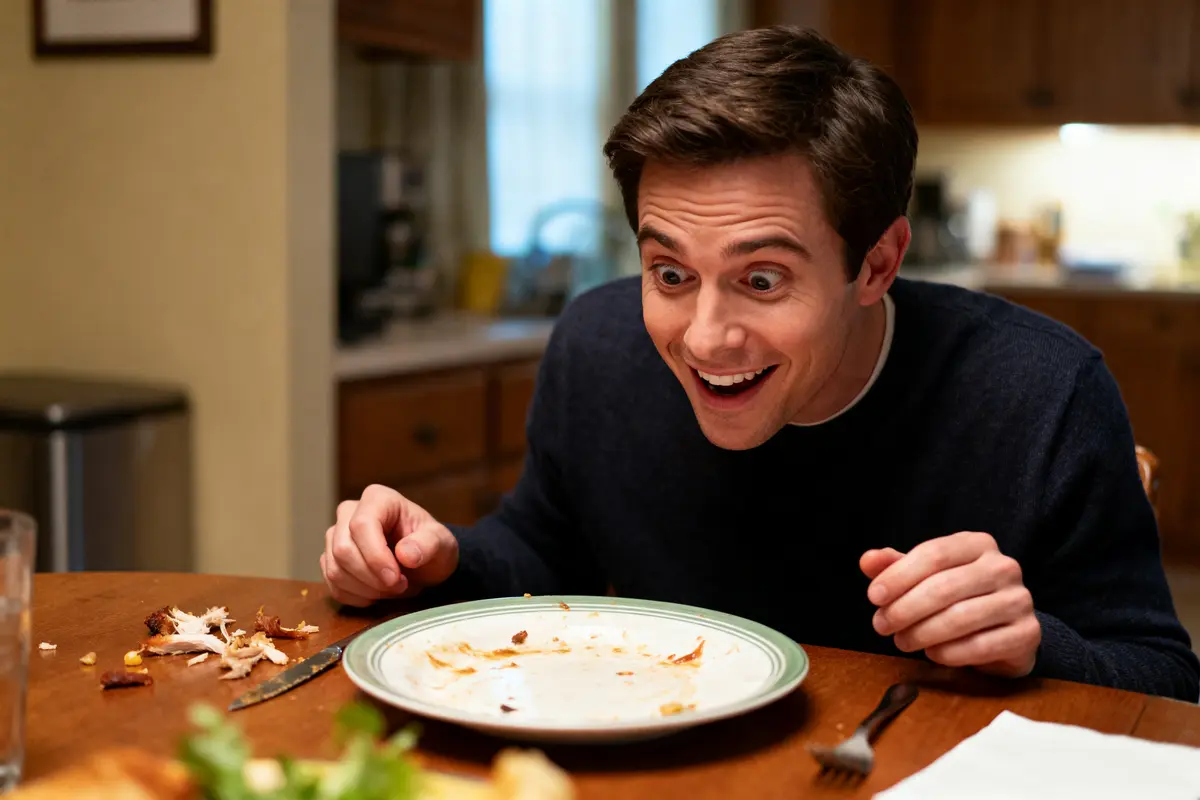 Man with excited expression sits at table with empty plate and food remnants in casual dining room.
