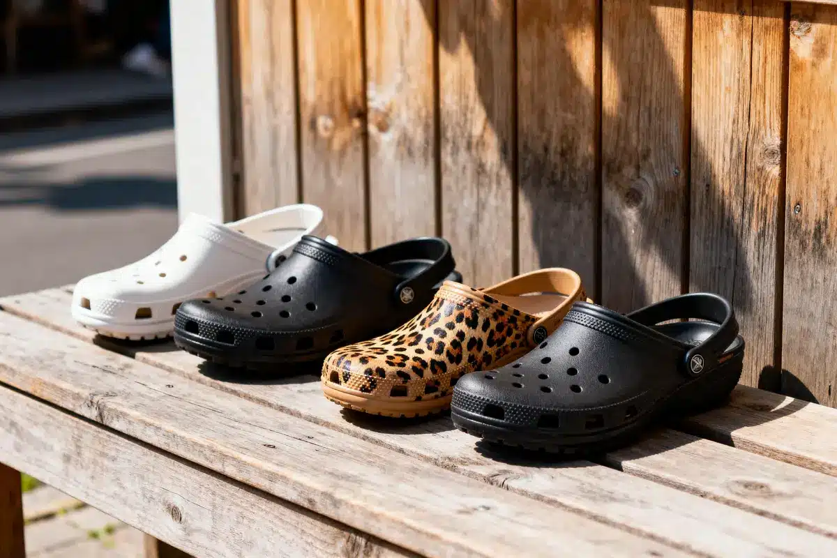 Four pairs of clogs in white, black, leopard print, and black on wooden bench against wooden fence.
