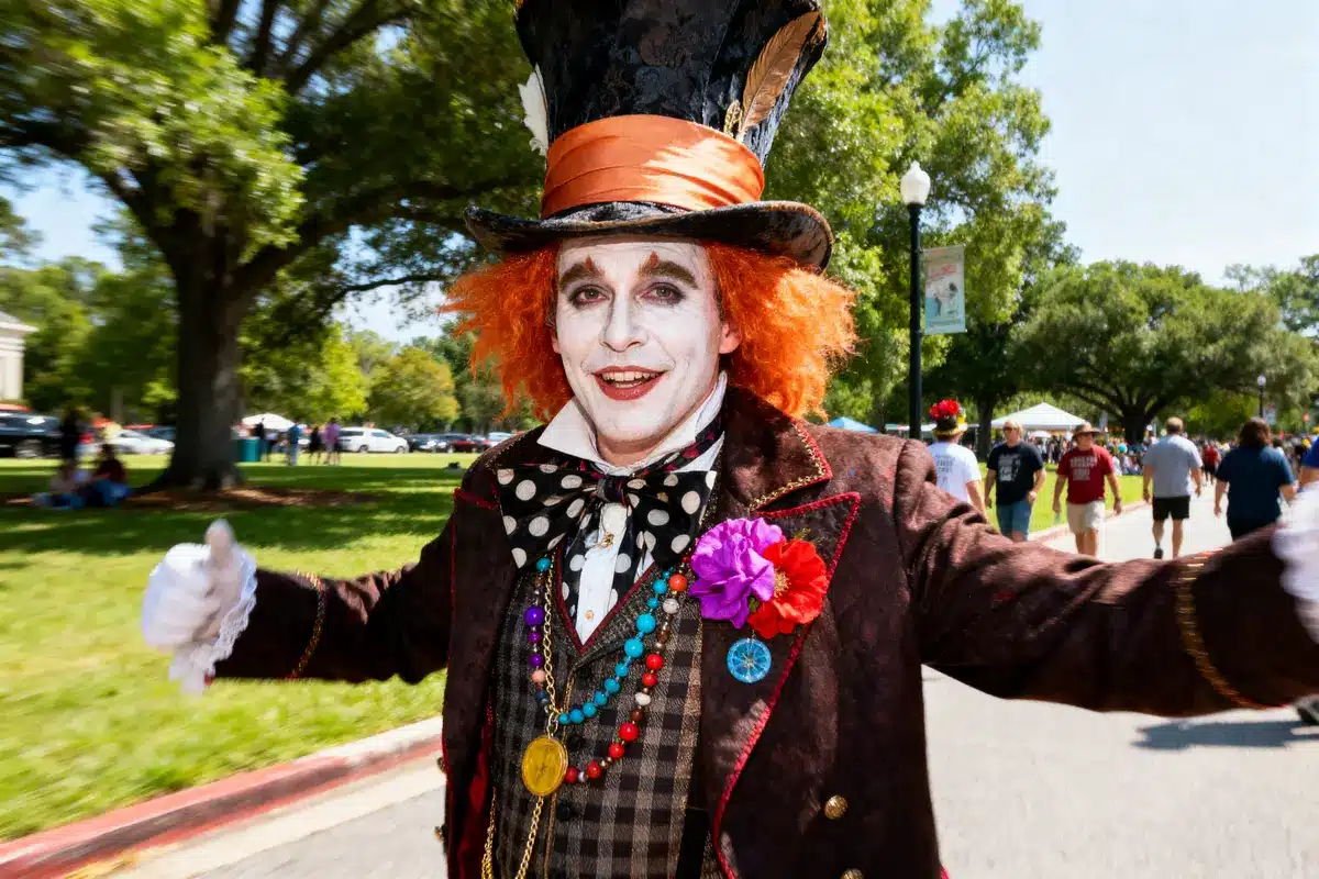 Person in vibrant, theatrical costume with top hat and makeup, smiling at outdoor event with people in background.