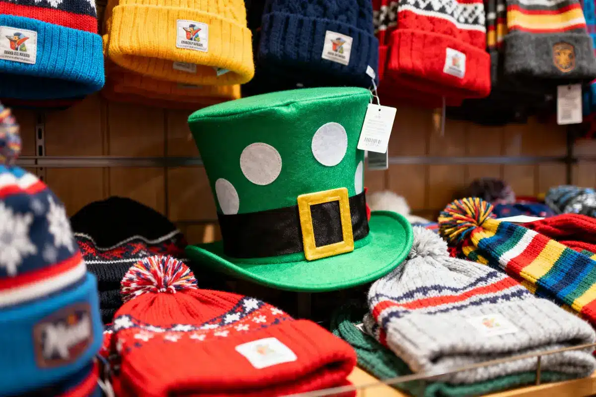 Colorful winter hats displayed with a green polka-dotted St. Patrick's Day hat featuring a black and yellow buckle.