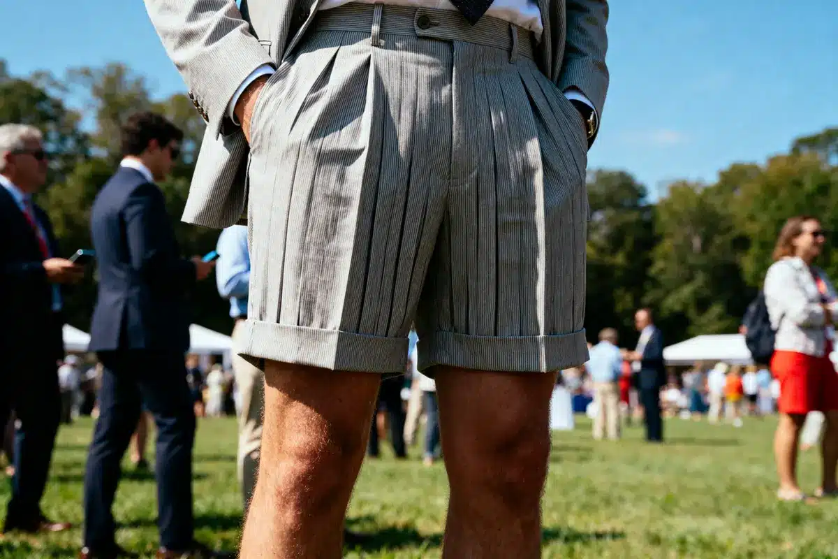 Man wearing gray pinstriped shorts and blazer in outdoor event with people in background on a sunny day.
