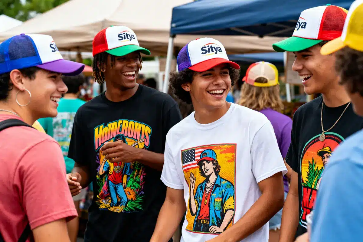 Group of young people wearing colorful hats and graphic t-shirts, laughing outdoors under market tents.