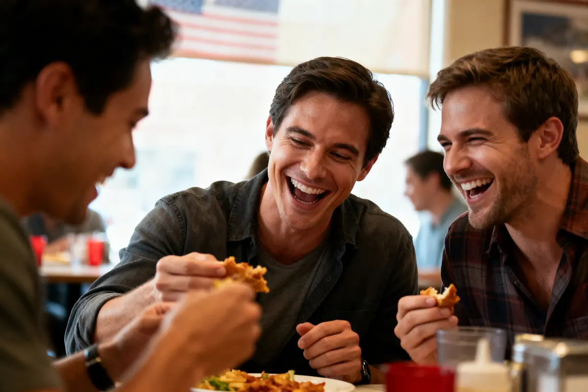 Three men laughing and eating together in a restaurant with an American flag in the background.