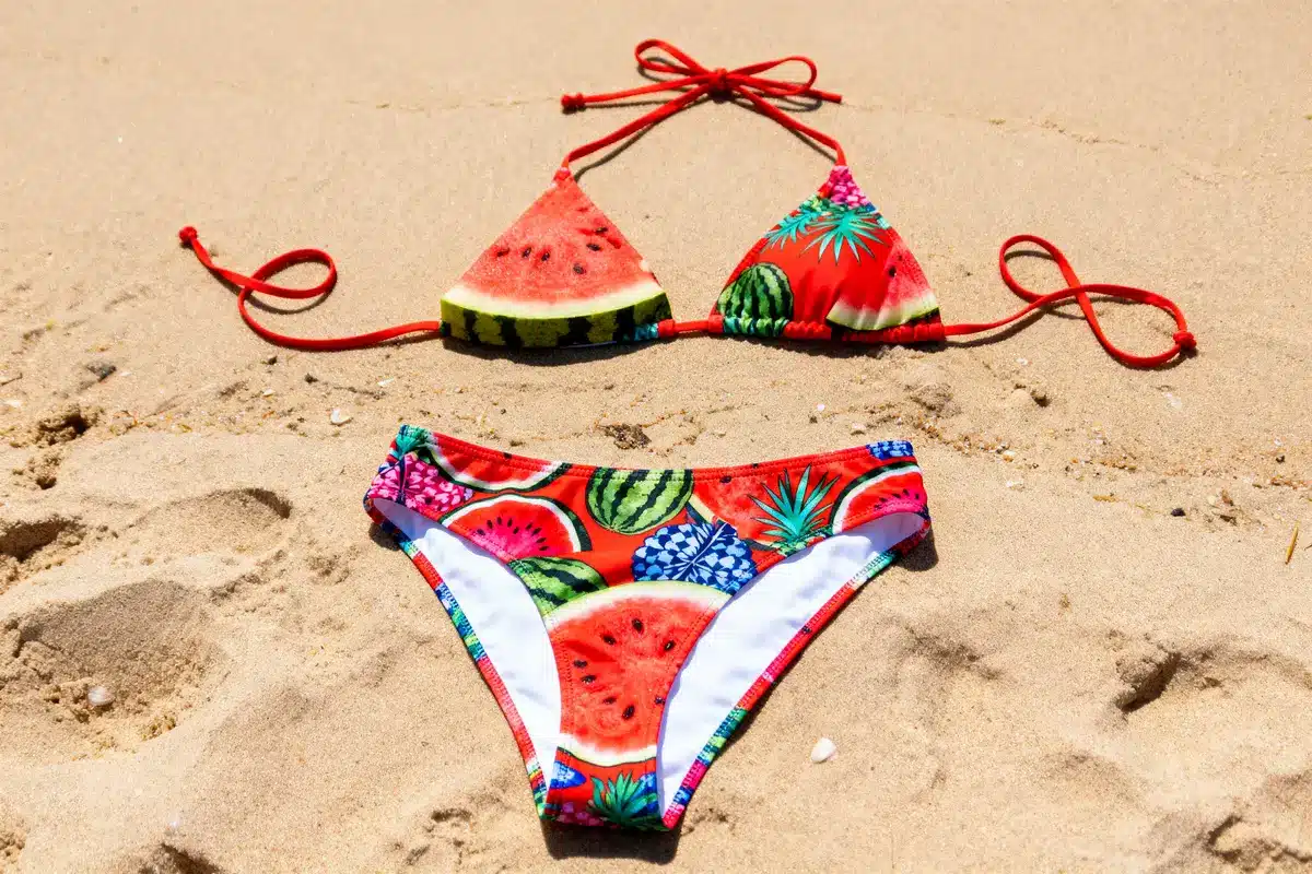 Colorful fruit-patterned bikini top and bottom lying on sandy beach.