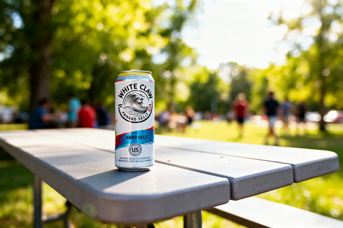 White Claw hard seltzer can on picnic table, park background with people and trees, sunny day.