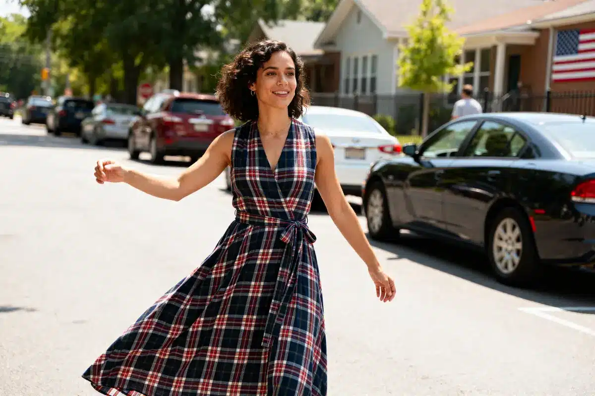 Woman joyfully walking down street in plaid maxi dress on a sunny day